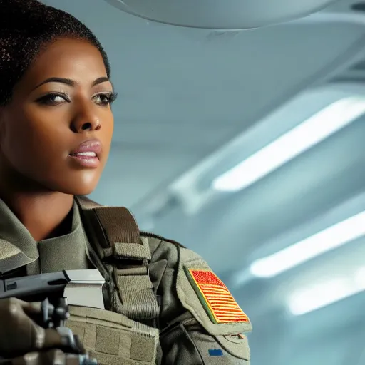 Image similar to a futuristic female soldier with brown skin and short hair in a spaceship