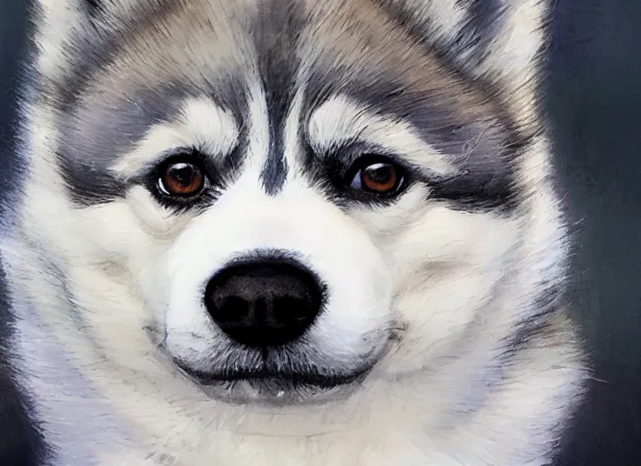 Prompt: a highly detailed beautiful portrait of a pomsky dog devestated from the crypto market crash, by gregory manchess, james gurney, james jean