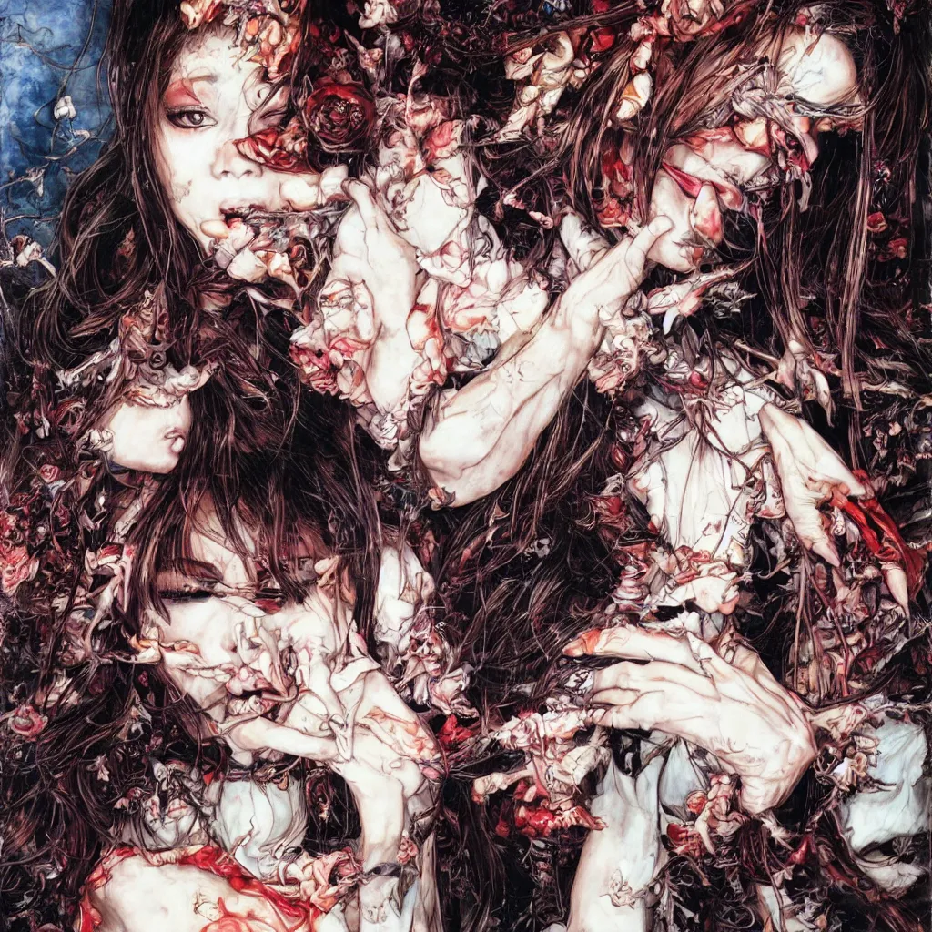 Prompt: portrait of angelababy eating a very big poly-poop by Ayami Kojima, Amano, rich deep colors