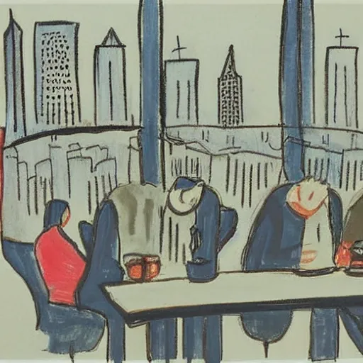 Prompt: The drawing shows four people sitting in a diner late at night. The people in the drawing look tired and lonely. The drawing is set in New York City and shows the city's skyline in the background. figurativism by Etel Adnan, by Vytautas Kairiukstis unplanned, riotous