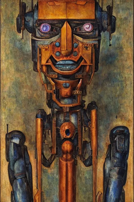 Image similar to an ancient robot with human eyes,by Annie Swynnerton and Diego Rivera, symbolist, dramatic lighting, elaborate geometric ornament, Art Brut, smooth, sharp focus, extremely detailed, Adolf Wölfli