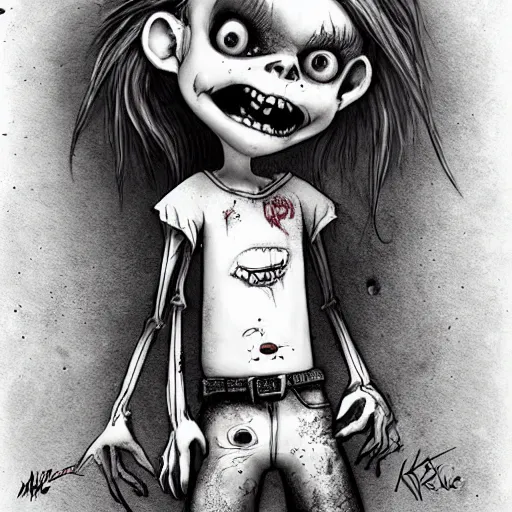 Image similar to grunge cartoon drawing of a cute chucky by - michael karcz , in the style of corpse bride, loony toons style, horror themed, detailed, elegant, intricate