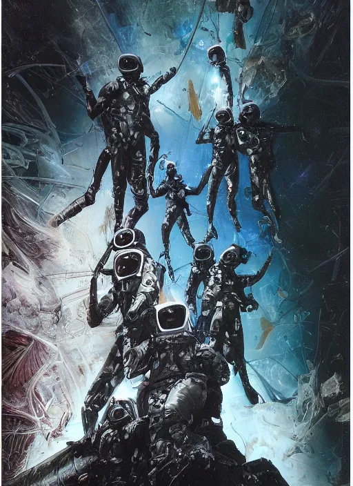 Image similar to astronauts in dark and empty void underwater - complex and hyperdetailed technical suit. reflection and dispersion materials. rays and dispersion of light. volumetric light. 5 0 mm, f / 3 2. noise film photo. flash photography. ultra realistic, wide angle. poster by wayne barlowe, hajime sorayama aaron horkey, craig mullins