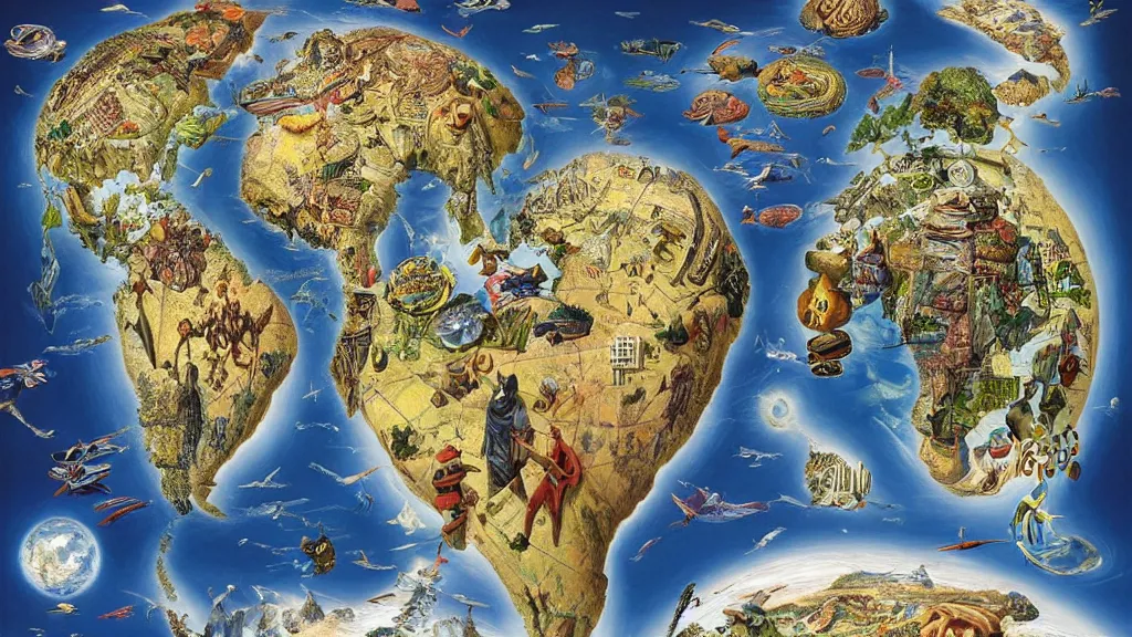 Image similar to surreal map of world cultures in the styles of igor morski, jim warren, and rob gonsalves, intricate, robinson projection, accurate geography, volumetric lighting, serene, imaginative