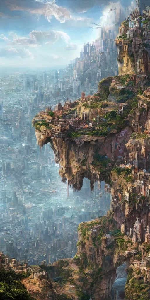 Image similar to a painting of a city built into the side of a cliff, a detailed matte painting by chris labrooy, cgsociety, fantastic realism, matte painting, terragen, artstation hq