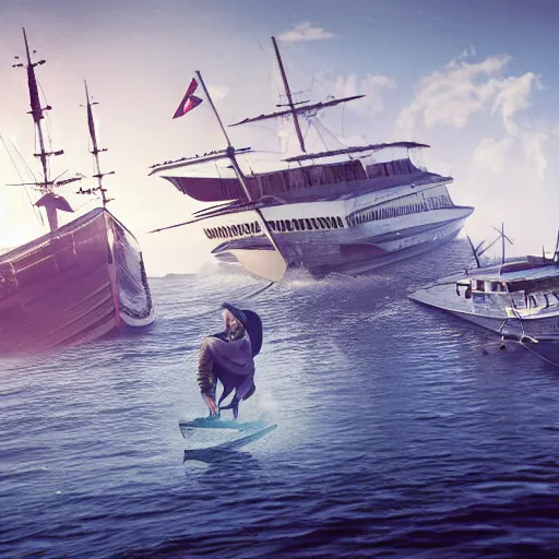 Image similar to A nightgaunt attacking a 1940s yacht on the pier in Istanbul. Octane render, hyperrealistic