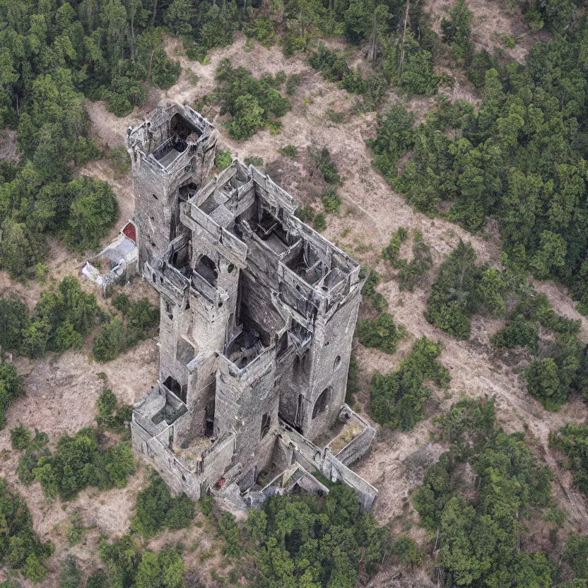 Image similar to aerial view of wizard's tower, photograph, 8 k