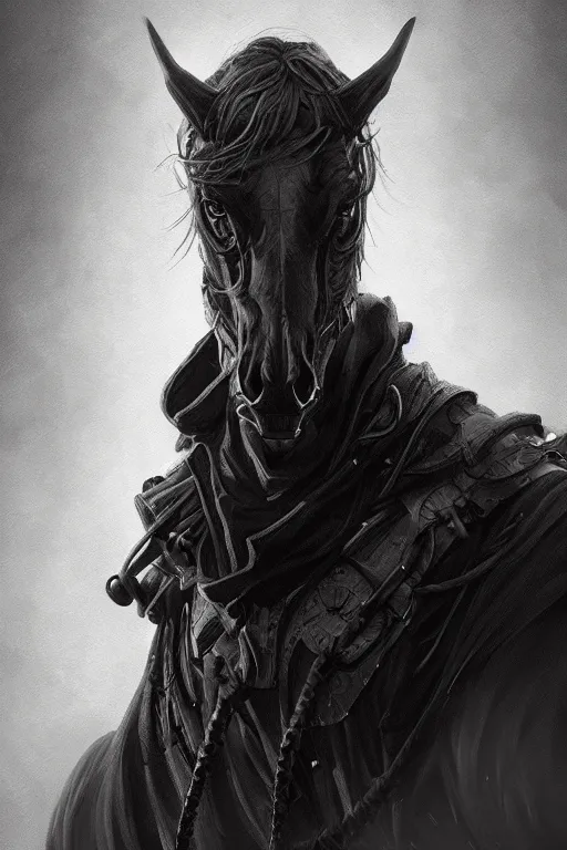 Image similar to a portrait of the horseman of the apocalypse, famine, grim - lighting, high - contrast, intricate, elegant, highly detailed, digital painting, artstation, concept art, smooth, sharp focus, illustration