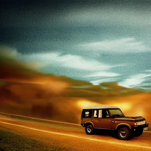 Prompt: land rover discovery driving down a windey road with noctoluminescent clouds in the sky, simplistic style, 1 9 8 0 s poster style