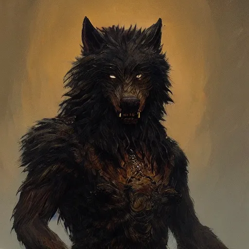 Prompt: intricate painting of a Werewolf with black fur wearing Egyptian garment, featured in artstation, trending, concept art by Greg Rutkowski, WLOP, Dan Mumford, Christophe Vacher
