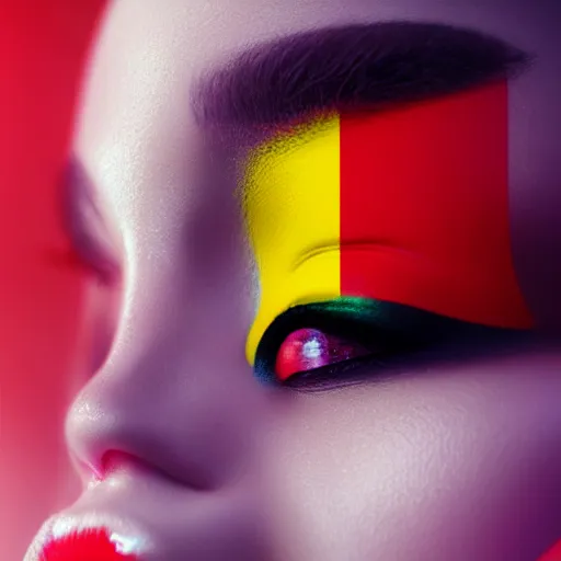 Image similar to A close-up of a beautiful girl with a surreal makeup reminding the swiss flag, octane render, bokeh, cyberpunk vibes, neons on the background