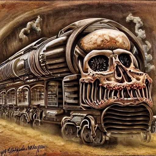 Image similar to boxcar made of human meat and bone, biomechanical railroad, highly detailed, War Photography, Pushead art, by H.R. Giger