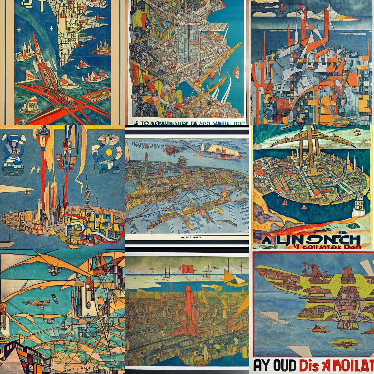 Prompt: a propaganda poster with a map of a futuristic dystopian city located in an island surrounded by water with a few flying ships stationed around it, in the style of diego rivera schiele, full color, exploded view