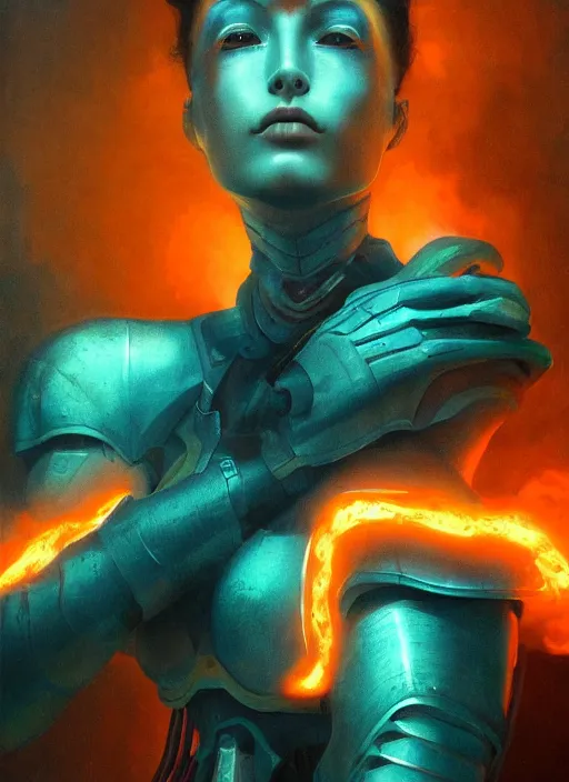 Image similar to ( ( symmetry ) ) closeup portrait of a stunning armored cyborg girl ( ( ( crying in tears ) ) ), ( bird in hands ), strong cinematic light, backlit, teal orange, viscous volumetric smoke, mist, by gerald brom, by mikhail vrubel, by peter elson, muted colors, extreme detail, trending on artstation, 8 k