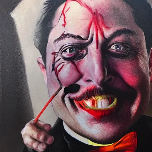 Image similar to elon musk as the grim-hatter with evil mustache grinning, cinematic, dark oil paint, realistic flavor, decaying rich colors!, instagram photo