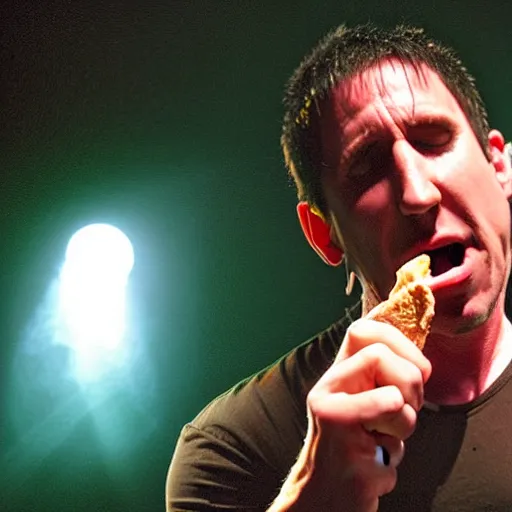 Prompt: Concert photo of Trent Reznor eating an ice cream cone on stage. Flash photography, hyper realistic, highly detailed.