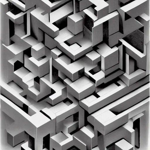 Image similar to rubricks cube, art by mc escher, black and white
