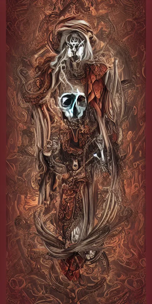 Prompt: A beautiful detailed orixa 2d tarot card, symmetrical features, ominous, magical realism, texture, intricate, ornate, royally decorated, skull, skeleton, whirling smoke, embers, red adornements, red torn fabric, radiant colors, fantasy, trending on artstation, volumetric lighting, micro details, 3d sculpture, ray tracing, 8k, anaglyph effect