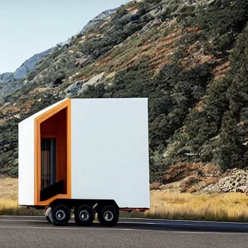 Image similar to concept flatbed truck with modern tinyhouse, minimalistic design, mountain road landscape