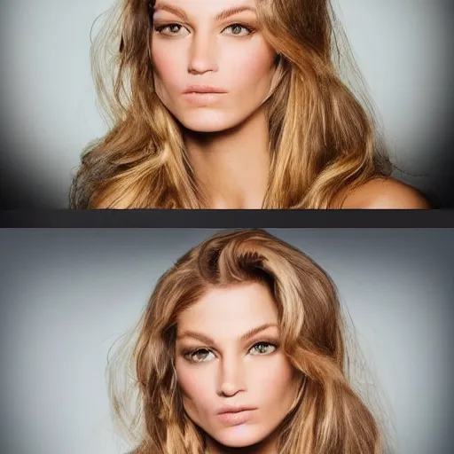 Image similar to before and after picture of a beautiful supermodel with long hair and the same supermodel with short hair