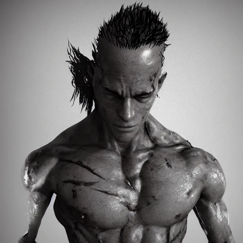 Image similar to a single muscular man wearing torn clothes, looking to the right, profile picture, hyperrealistic, concept art, octane render, unreal engine 5, trending on artstation, high quality, highly detailed, 8 k, dramatic lighting, cinematic, high coherence, anatomically correct, five fingers, digital art, seductive, black and white