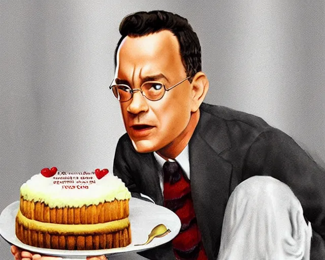 Prompt: tom hanks as forrest gump eating a cake in hogwarts, digital art, highly detailed, artstation, award winning, in the style of Heraldo Ortega