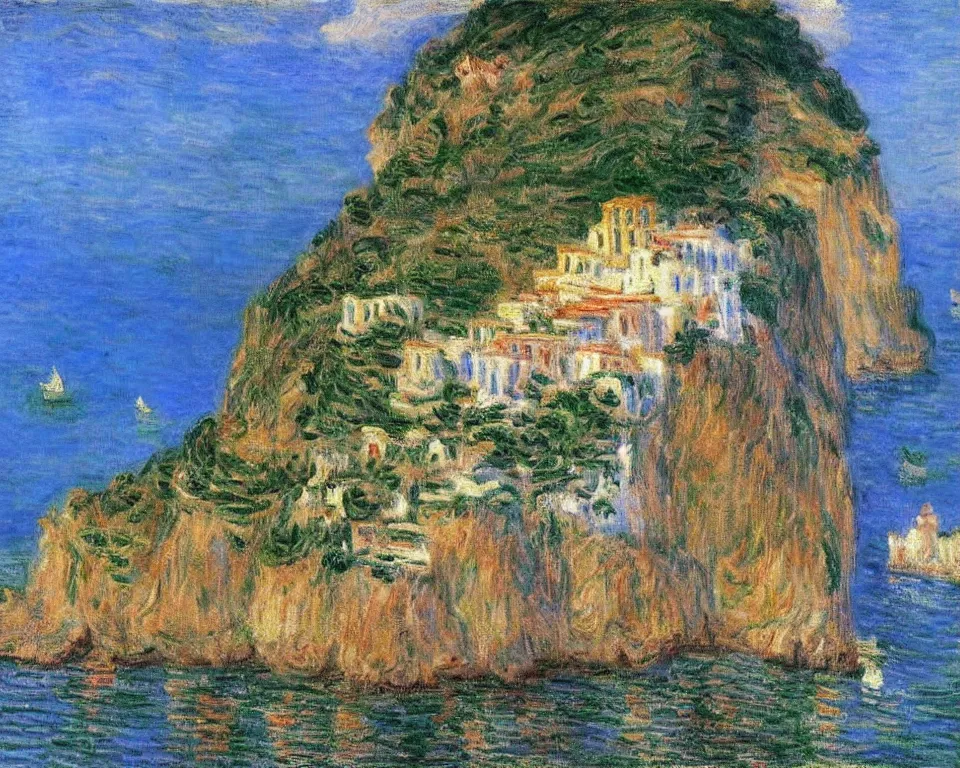 Prompt: enchanting cliff side Italian village on the amalfi coast by Monet and Hopper.