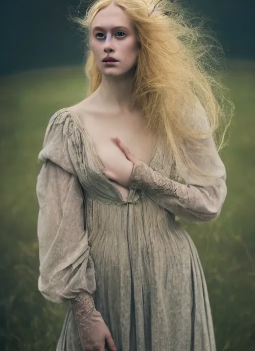 Image similar to cinestill 5 0 d photo of a pre - raphaelite blond beautiful woman, dreamy mood, fine art photography in style of gilles zimmermann, 1 5 0 mm, f 1. 2, emotionally evoking, head in focus, stormy rainy clouds outdoor, matt colour background, volumetric lighting, hyper realistic, ultra detailed