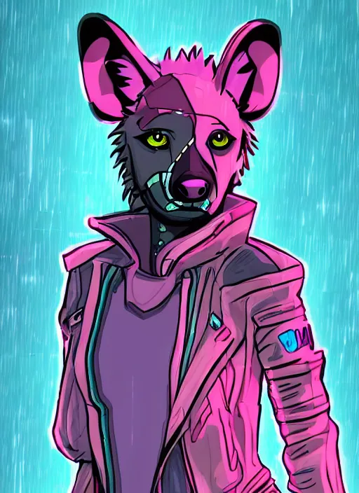 Prompt: digital artwork of anthromorphic hyena female drawn in style of dai. dai, fursona, furry fandom, neon rainy cyberpunk setting, anthro, wearing cyberpunk 2 0 7 7 jacket, detailed face,