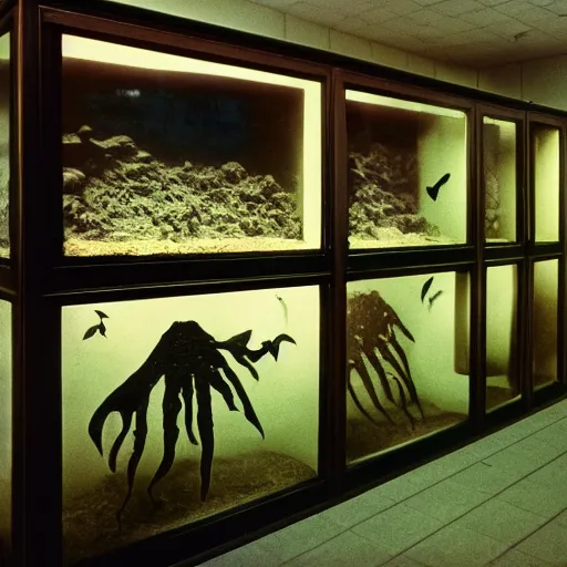 Image similar to spooky creepy liminal space, display case, aquatic exhibition museum, dried aquarium, computer screens, photo taken on 1 9 8 0 s fujifilm superia