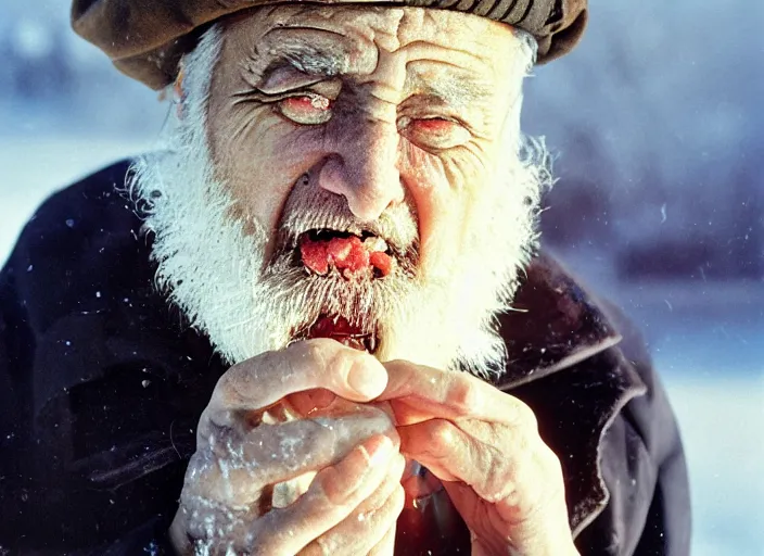 Image similar to a extreme close - up, color studio photographic portrait of a old russian man eating ice, dramatic backlighting, 1 9 9 3 photo from life magazine,