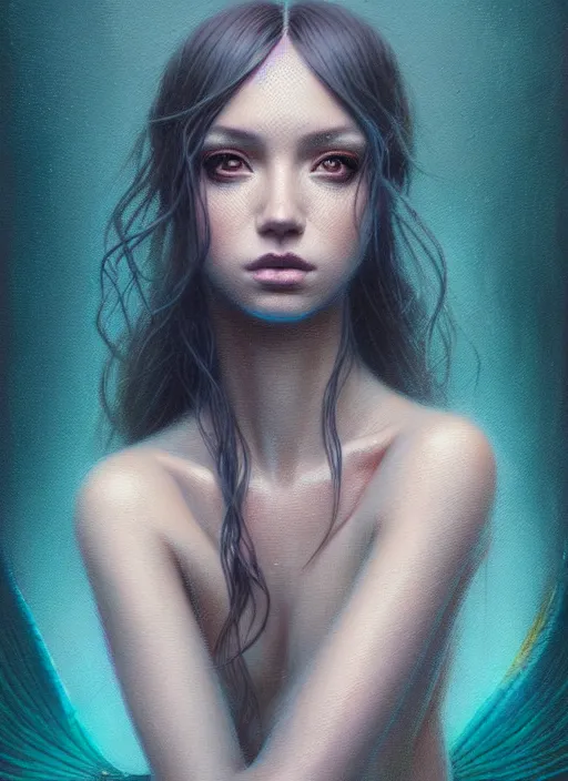 Prompt: portrait of mermaid, latina, rule of thirds, haze, intricate, anime, symmetrical!!, makeup, loreal, maybelline, sephora, trending on artstation, art by greg rutkowski and genzoman, and artgerm, filmic, vsco, moody, concept art, digital painting, depth of field, cg society, elegant, model