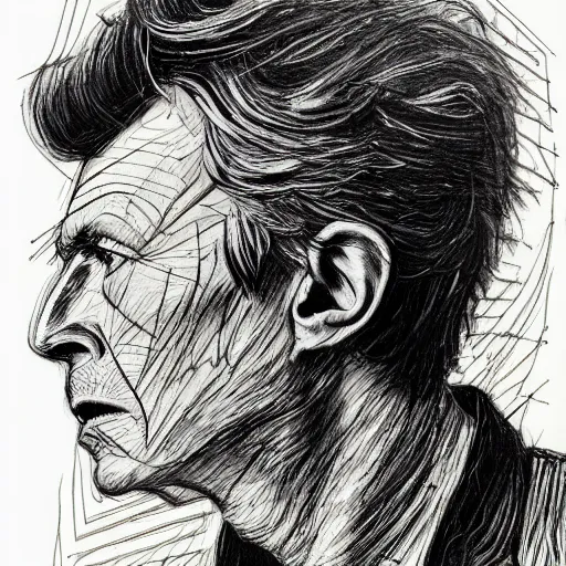 Image similar to a realistic yet scraggly portrait sketch of the side profile of a stern and sophisticated david bowie, trending on artstation, intricate details, in the style of frank auerbach, in the style of sergio aragones, in the style of martin ansin, in the style of david aja, in the style of mattias adolfsson