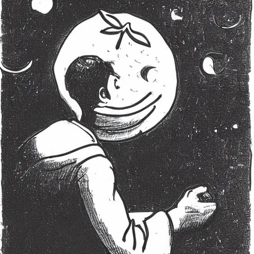 Prompt: man clinging to an apple floating to space by shel silverstein.