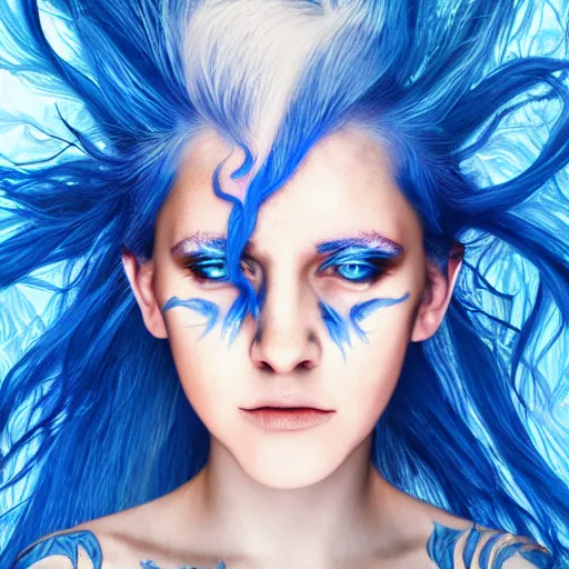 Image similar to portrait of young girl half dragon half human, dragon girl, dragon skin, dragon eyes, dragon crown, blue hair, long hair, made of blue flowing fire, By David Lynch