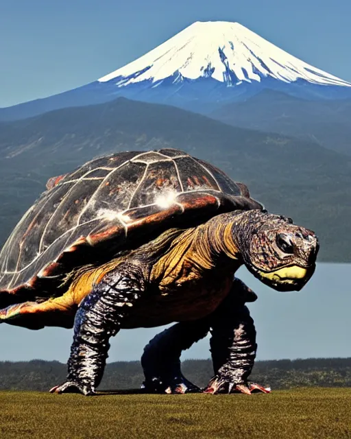 Prompt: full body photos of Gamera, the giant Turtle kaiju monster with Mount Fuji in the background, cinematic style, atmospheric, Japan, hyperreal