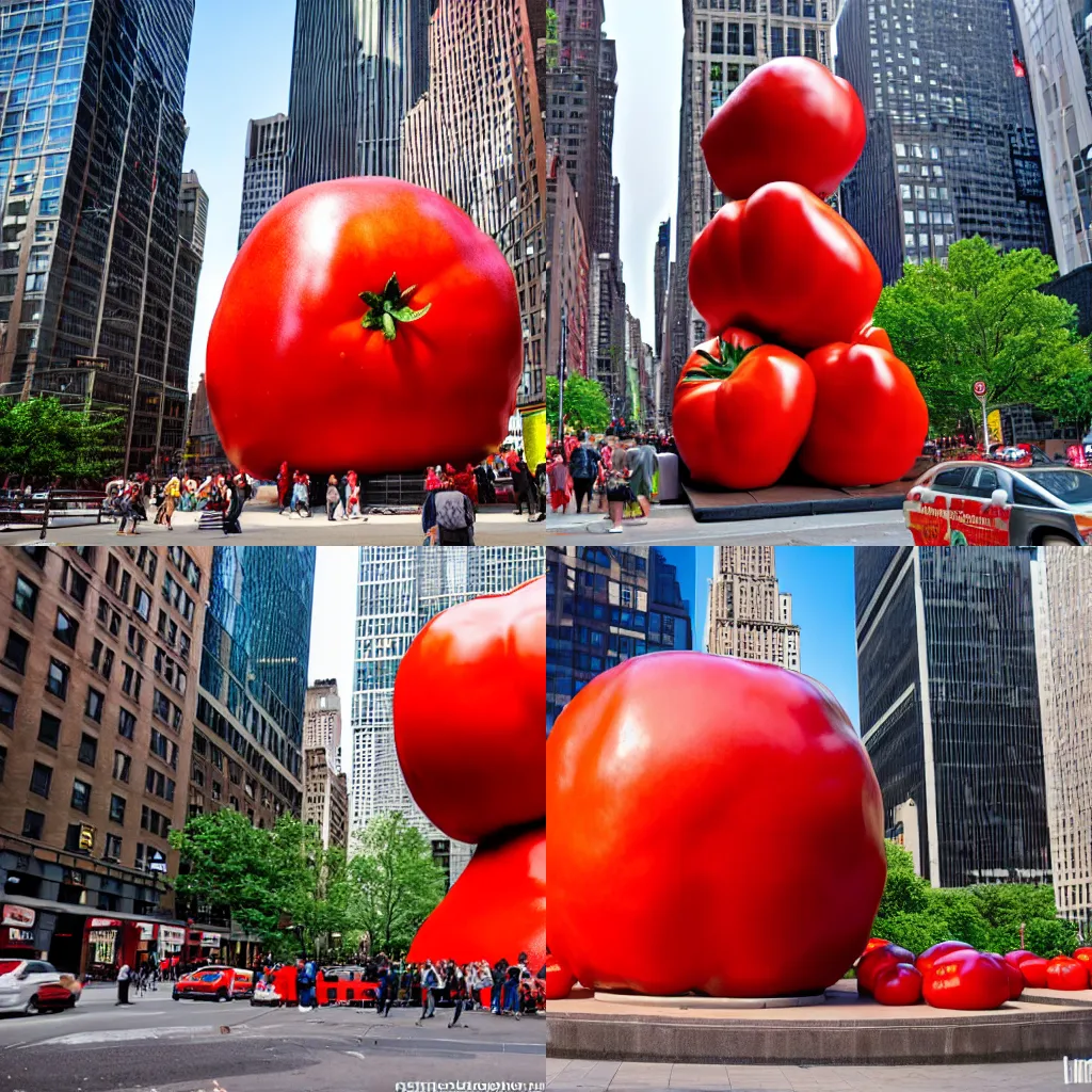 Prompt: a photograph of a gigantic extremely big tomato statue, in the middle of new york, shot with premium dslr camera