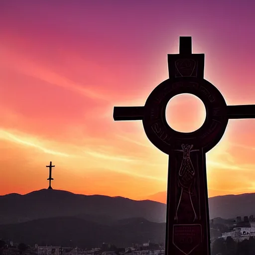 Image similar to millennium cross at sunset in skopje, glowing cross with a halo, twilight and nighttime composition, photograph, atmospheric, perfect lighting, highly detailed