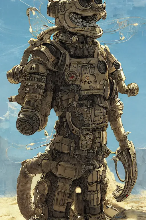 Image similar to anthropomorphic rodent with white and black ancestral ornate japanese tactical gear on an abandonment desert planet, high intricate details, long shot, rule of thirds, golden ratio, graphic novel by fiona staples and dustin nguyen, by beaststars and orange, peter elson, alan bean, studio ghibli, makoto shinkai