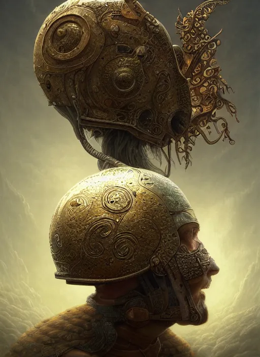 Image similar to Helmet of a forgotten Deity, ivory, copper elements, extremly detailed digital painting, in the style of Tomasz Alen Kopera, mystical colors, rim light, beautiful lighting, 8k, stunning scene, raytracing, octane, trending on artstation