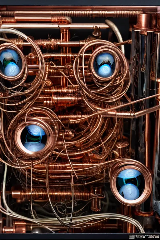 Prompt: A photo of an old opened camera, with vacuum tubes and copper wire coils inside, the most complex looking machine ever made by Annie Lebovitz and Steve McCurry Ultra detailed, hyper realistic, 4k