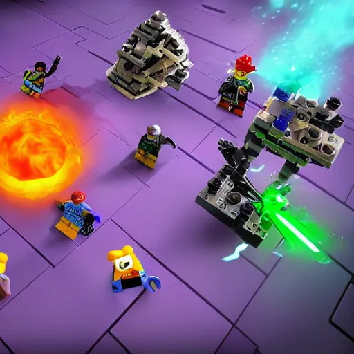 Prompt: screenshot of LEGO Universe maelstrom enemies, purple fire, maelstrom creatures