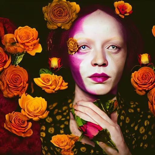 Image similar to realistic expired kodak film portrait of albino india woman tentacled creature mix, marigold, roses, lotus, jamine celestial vibe, hyperrealism, hypermaxiymalism, photorealistic, detailed, atmospheric, 8 k, award winning photography, cinematic