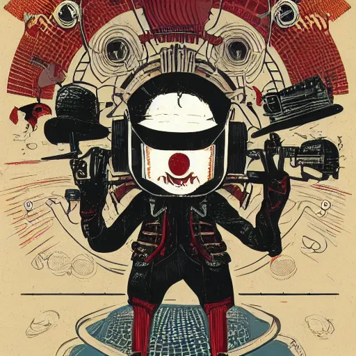 Image similar to Illustrated by Shepard Fairey and H.R. Geiger | Steampunk Clown Vampire with VR helmet, surrounded by cables