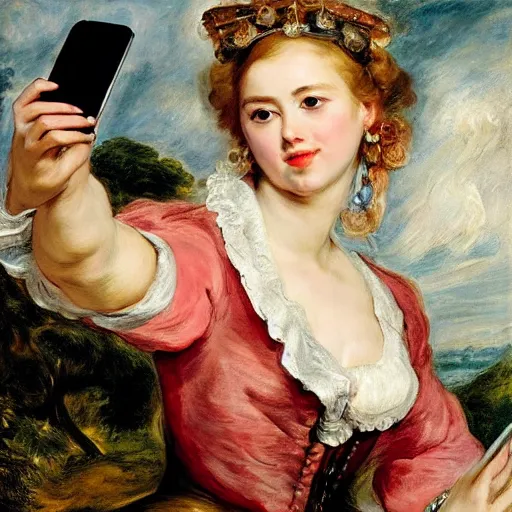 Image similar to heavenly summer sharp land sphere scallop well dressed lady taking a selfie with her iphone auslese, by peter paul rubens and eugene delacroix and karol bak, hyperrealism, digital illustration, fauvist, iphone