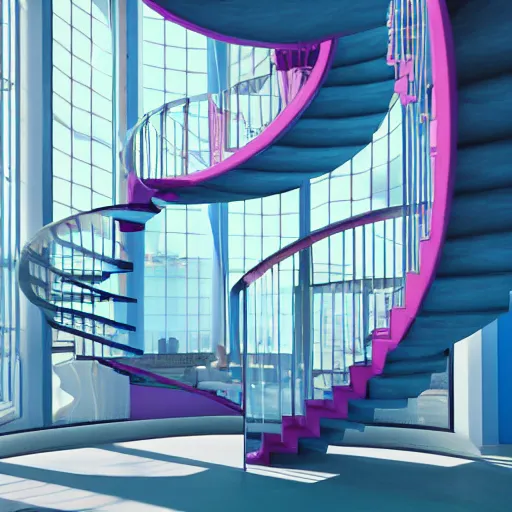 Prompt: a pink and blue interior with a spiral staircase, a raytraced image by Ricardo Bofill, featured on tumblr, retrofuturism, vaporwave, rendered in unreal engine, y2k aesthetic