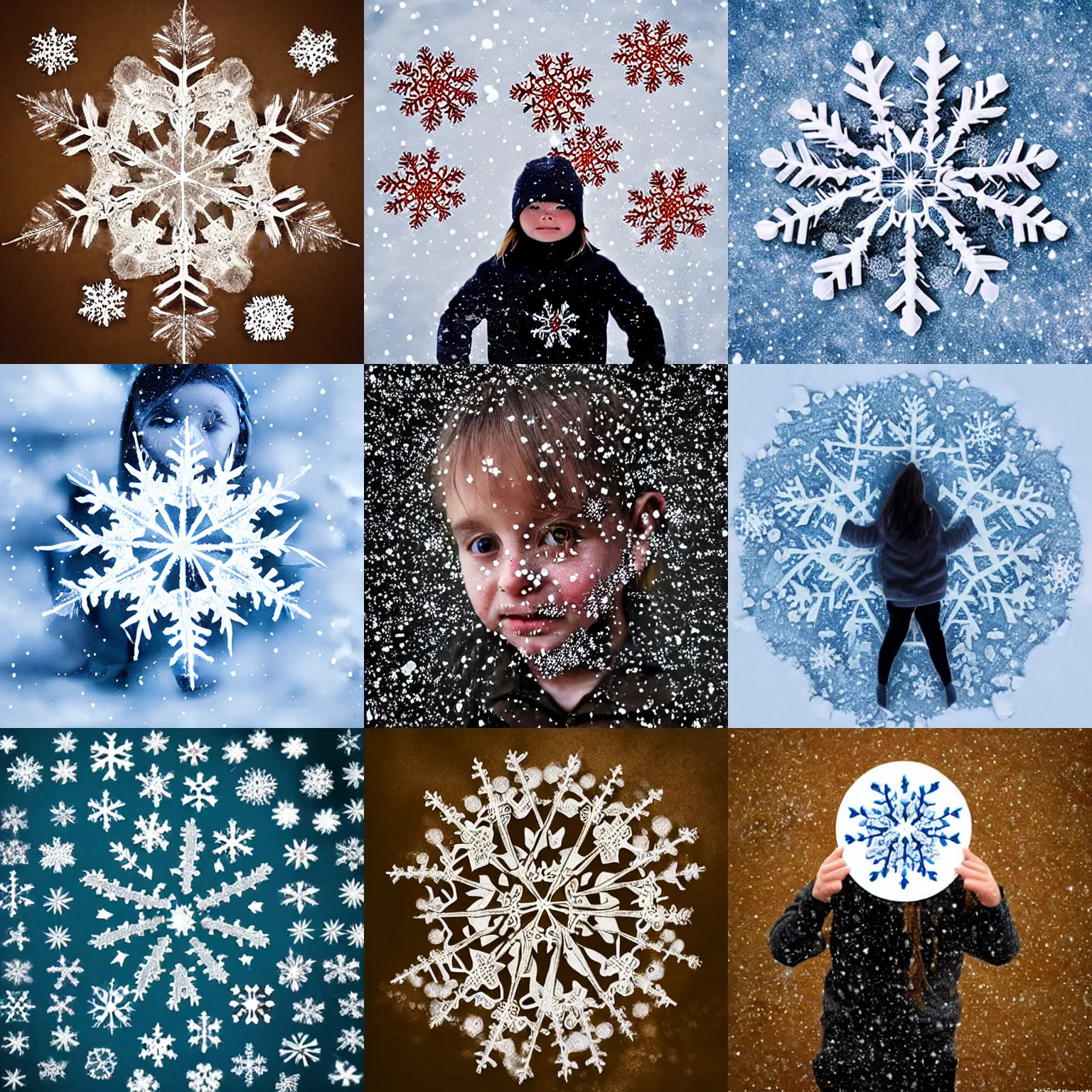 Prompt: surreal photography snowflakes with tiny human faces