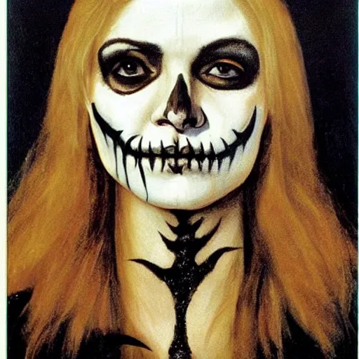 Prompt: portrait of young michelle pfeiffer as a witch wearing skull facepaint, oil painting by caravaggio