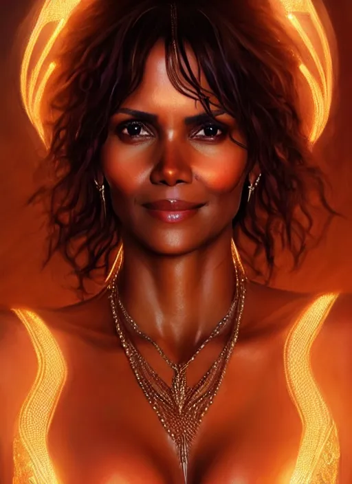 Prompt: halle berry in dejah thoris outfit, intricate, elegant, glowing lights, highly detailed, digital painting, artstation, glamor pose, concept art, smooth, sharp focus, illustration, art by artgerm and greg rutkowski, artey freytag