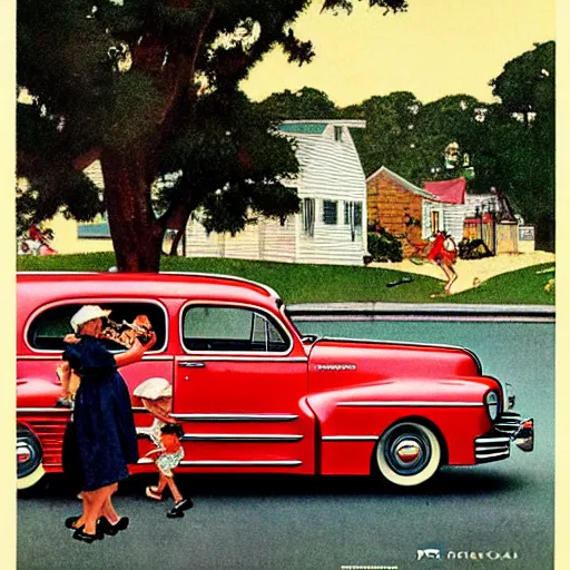 Prompt: in the style of norman rockwell, 1 9 4 8 desoto car, black, driving through a 1 9 5 0 s town